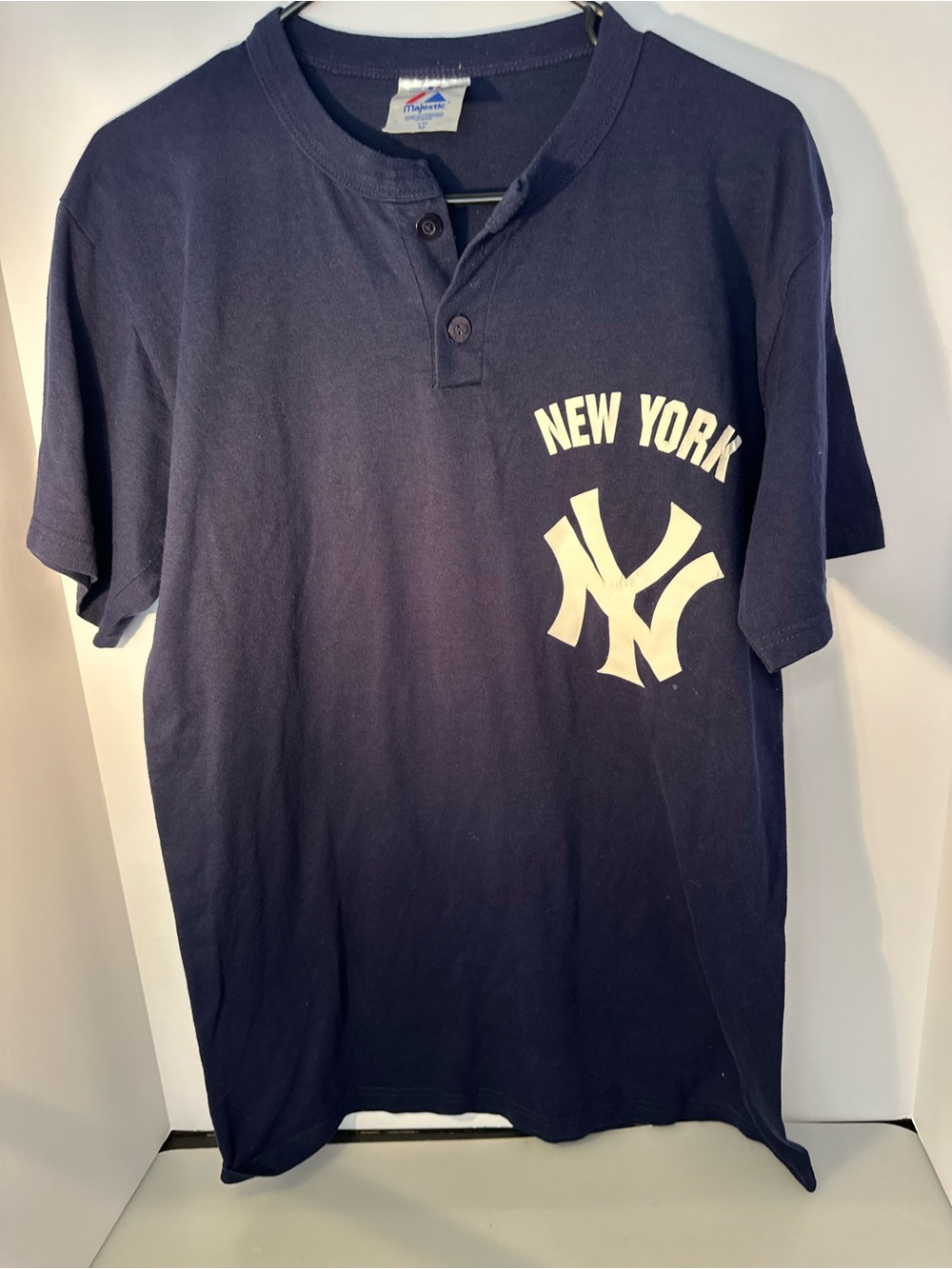 Majestic Navy New York NY Short Sleeve Henley